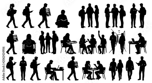 Student silhouettes collection, diverse university people and college teenagers vector set, black figures of young adults walking and studying