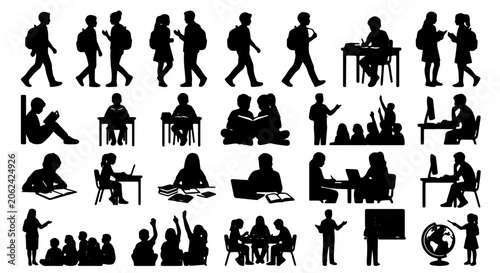 фотографія School student silhouettes collection, children in classroom vector set, pupils