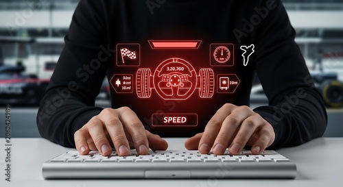 Person typing on keyboard with glowing red car racing dashboard interface