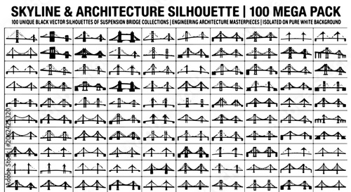 Obraz na plátně Suspension bridge silhouettes mega pack, 100 unique black vector bridge icons, e