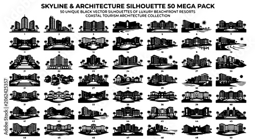 Tableau sur toile Skyline and architecture silhouette 50 mega pack, luxury beachfront resort vecto