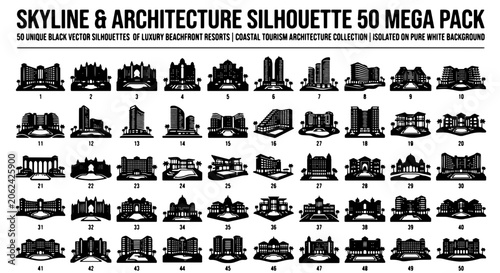 Cuadro en lienzo Skyline and architecture silhouette 50 mega pack, luxury beachfront resort vecto