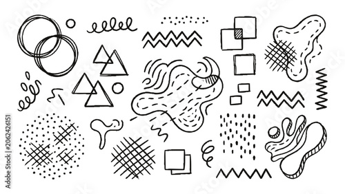 Set of hand drawn abstract doodle shapes, geometric elements, squiggles, and patterns. Collection of sketch style design elements isolated on white background.
