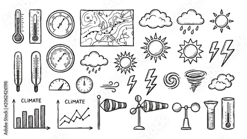 Tableau sur toile Set of hand drawn weather icons, including thermometers, barometers, clouds, sun, rain, lightning, wind, climate charts, and meteorological instruments