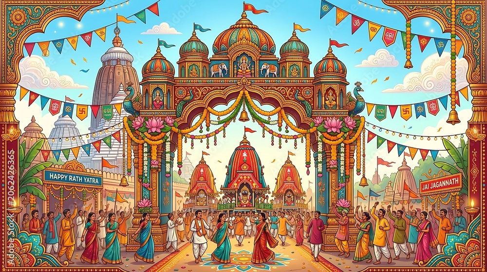 Fototapeta premium Vibrant indian festival scene with colorful temple gate and people