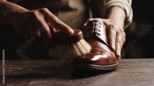 Polished Leather Shoe Brushing and Shining in Warm Workshop Setting
