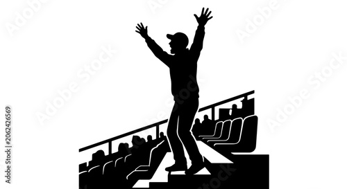 Fotografie Excited sports fan silhouette cheering in stadium bleachers, happy man celebrati