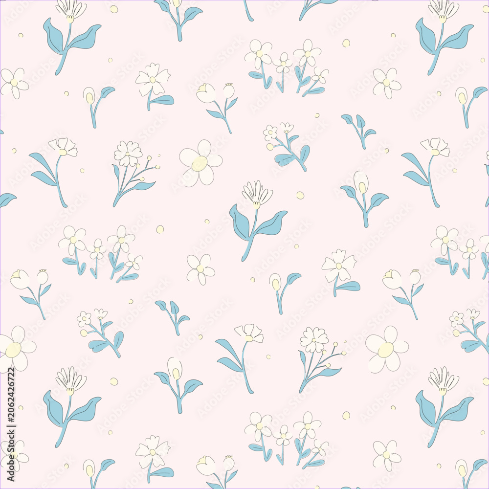 Fototapeta premium Hand Drawn Seamless Floral Pattern with Blue Leaves and White Flowers on Soft Pink Background
