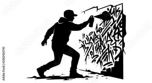 Urban graffiti artist silhouette painting on wall with spray can, street art culture vector illustration, black and white stencil of hooded man