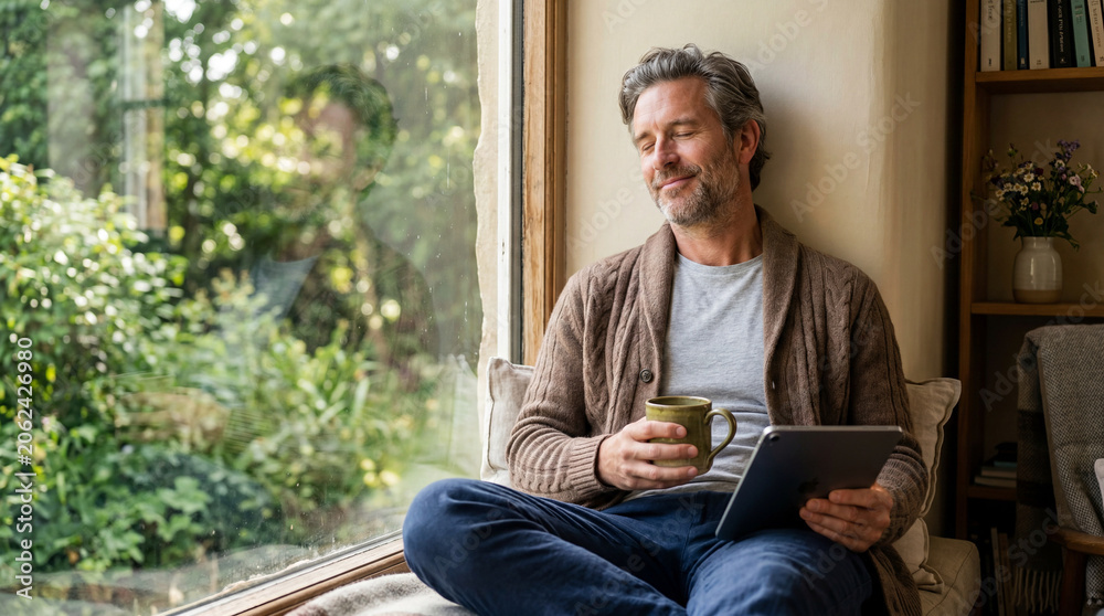 Obraz premium Man sits by window with coffee and tablet while enjoying view of garden in a cozy room