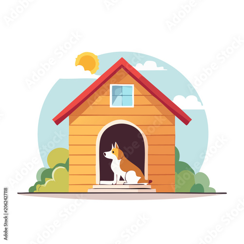 Flat design illustration of a house with dog