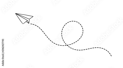 Flying Paper Plane with Dotted Route Line, Travel Adventure Illustration