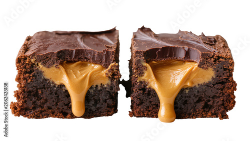 Rich chocolate brownies with gooey peanut butter filling, isolated on transparent background