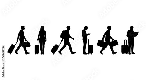 Bild auf Leinwand Traveler silhouette vector set, people walking with suitcases and luggage, airpo