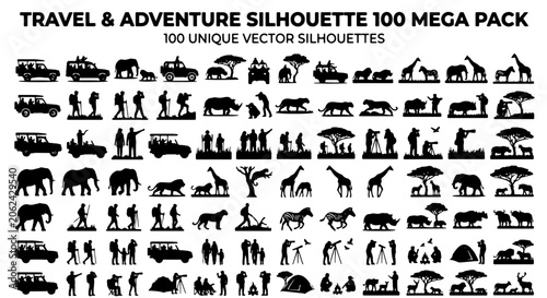 Canvas Print Travel and adventure silhouette 100 mega pack, African safari wildlife and natur