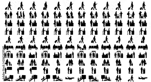 Konstfotografi Airport passenger silhouettes set, travelers with luggage and suitcases vector i