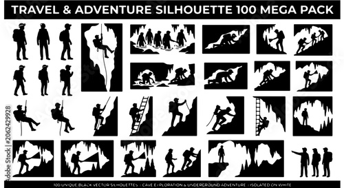 Obraz na plátně Travel and adventure silhouette 100 mega pack, mountain climbing and cave explor