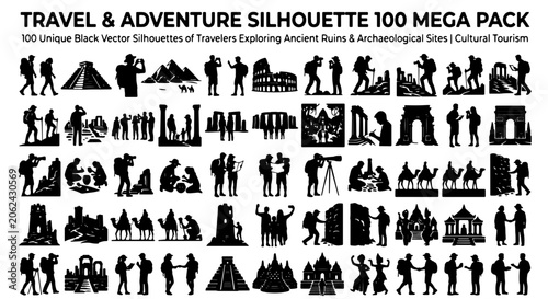 Schilderij op canvas Travel and adventure silhouette 100 mega pack, black vector silhouettes of trave