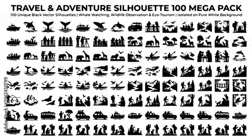 Canvas Print Travel and Adventure Silhouette 100 Mega Pack, Black Vector Silhouettes for Wild