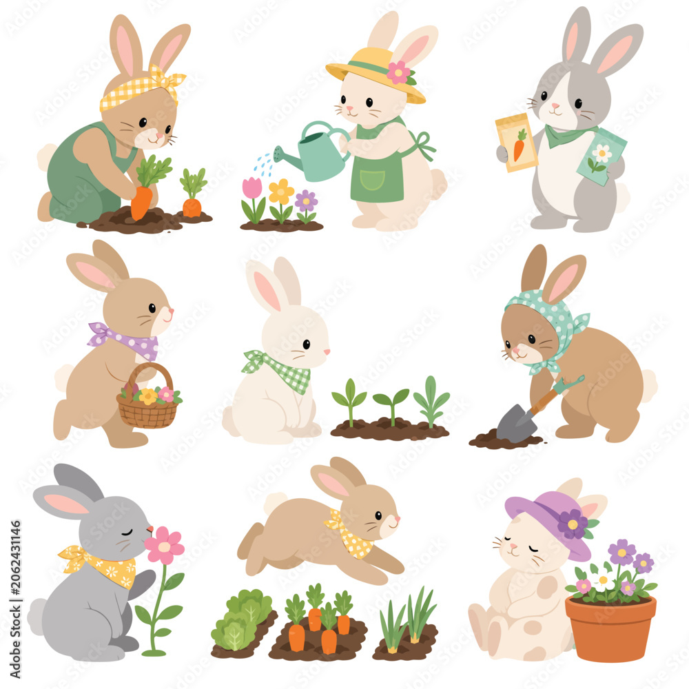 Naklejka premium Cute Bunnies Engaged in Various Gardening Activities, Illustrating Springtime Fun and Growth.