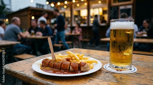 Enjoying a delicious sausage with fries and a refreshing beer at an outdoor restaurant