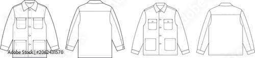Technical fashion flat sketch of a long sleeve button-up shirt jacket with patch pockets showing front and back views for apparel design tech pack templates.