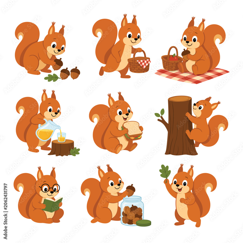 Naklejka premium Cute Cartoon Squirrels Engaged in Various Activities Like Collecting Acorns, Having a Picnic, and Climbing Trees.