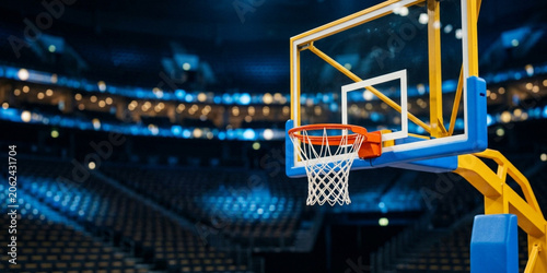 Close-up of a basketball hoop with a ball going through the net in an empty stadium with blue and yellow seats.