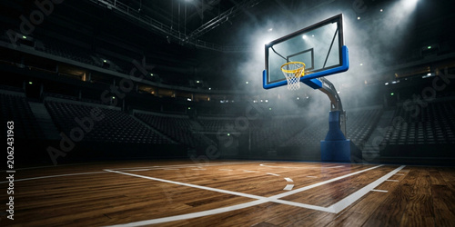 A basketball hoop stands centered on a wooden court within an empty indoor arena with spotlights shining down.