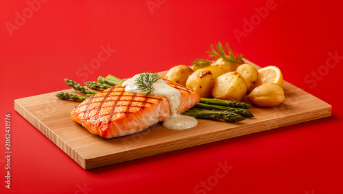 Charred Salmon with Creamy Lemon-Dill Drizzle and Roasted Vegetables on Red Background BBQ Braai Scene