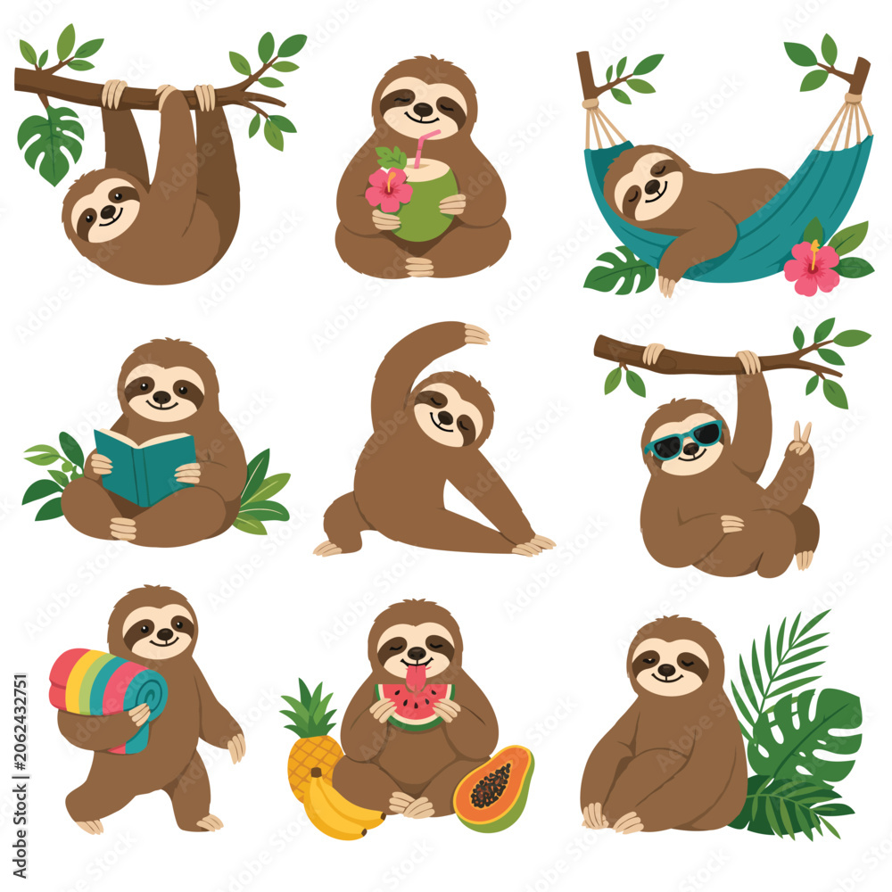 Fototapeta premium Cute Sloth Illustrations Showing Various Relaxing Activities and Tropical Vibes.