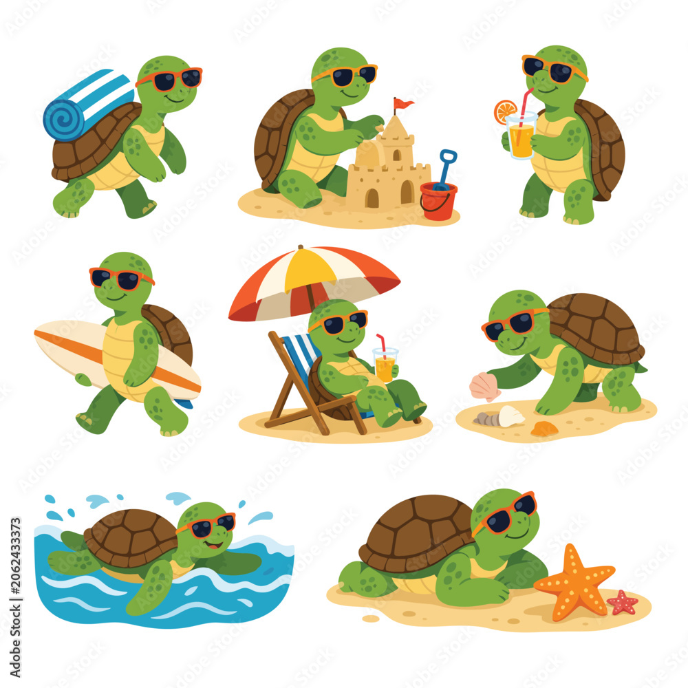 Obraz premium Cute Cartoon Turtles Enjoying Various Beach Activities on a Sunny Day.