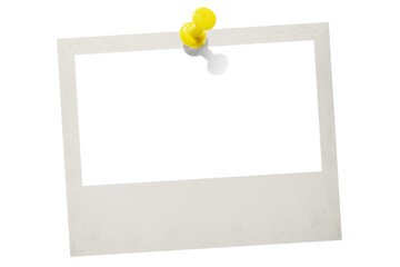 Photo card attached with a push pin isolated on a transparent background.