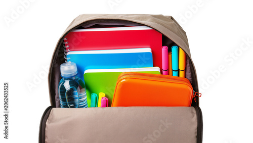 Φωτογραφία Open backpack filled with school supplies notebooks pencil case water bottle, ma