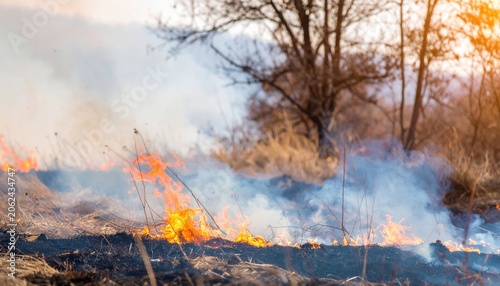 Controlled Burn in a Field with Smoke and Flames.