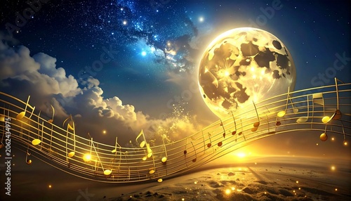 Golden musical notes on a sheet of music, moonlit sonata illustration, karaoke background.