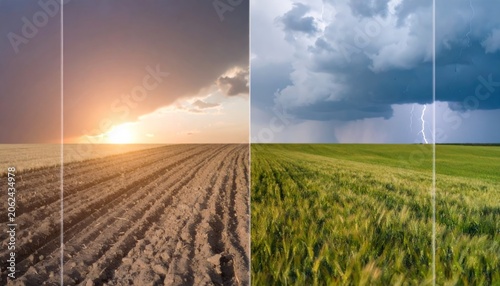 Contrasting Landscapes - Drought-Stricken Field vs. Lush Green Wheat Field Under Stormy Skies.