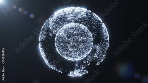 Abstract animated glowing particle sphere expanding with shimmering rings in dark digital space, futuristic technology background.
