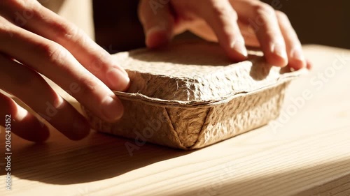 Hands closing a small eco-friendly recycled paper box on a wooden table