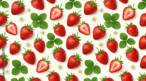 Fresh, ripe strawberries scattered across a bright, cheerful background.