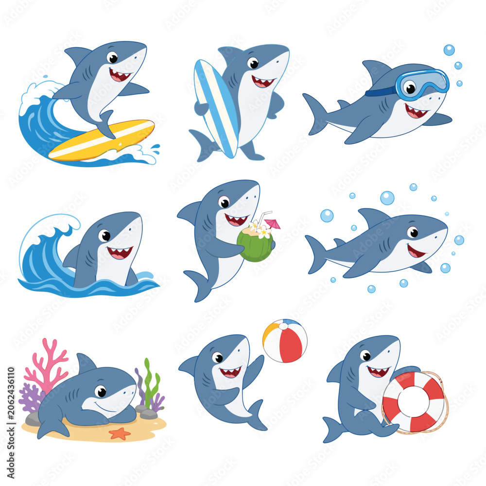Fototapeta premium Collection of Cute Cartoon Sharks Enjoying Various Summer Activities and Beach Fun.