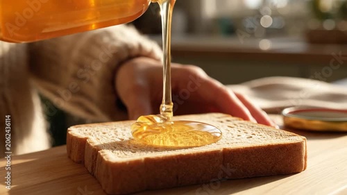 Toasted Bread Slicing and Pouring Golden Syrup in Bright Kitchen