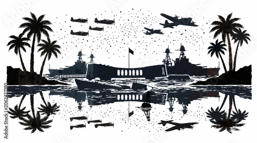 Φωτογραφία USS Arizona Memorial Silhouette with Battleships and Airplanes, Pearl Harbor Att