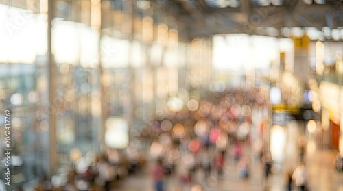 Blurred image of a busy airport terminal with many people walking.