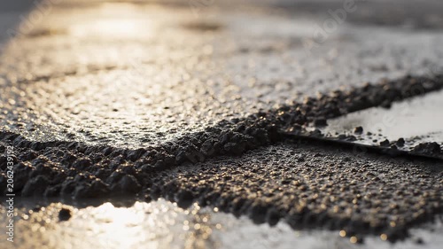 Worker smoothing wet concrete on floor with trowel during sunset close up