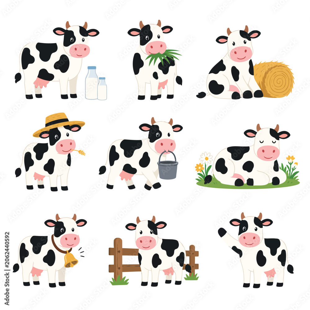 Obraz premium Collection of Cute Cartoon Cows in Various Poses and Activities on a Farm.