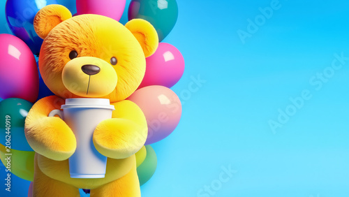 Cute yellow teddy bear holding a blank white coffee cup and colorful balloons on a blue background with copy space