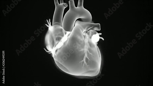 3D Fluoroscopic-Style Visualization Of A Beating Heart With Detailed Anatomical Structures Against A Solid Black Background