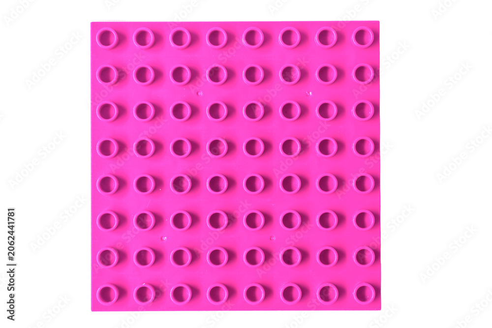 Fototapeta premium Top view Bright pink or magenta Square lego duplo base plate toy block brick isolated on white