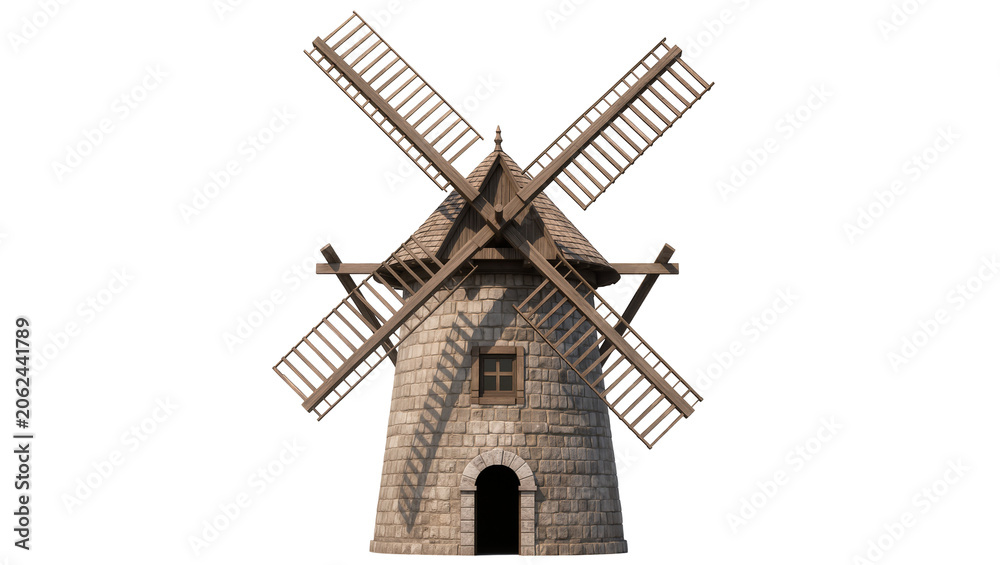 Obraz premium Stone windmill with wooden roof and sails